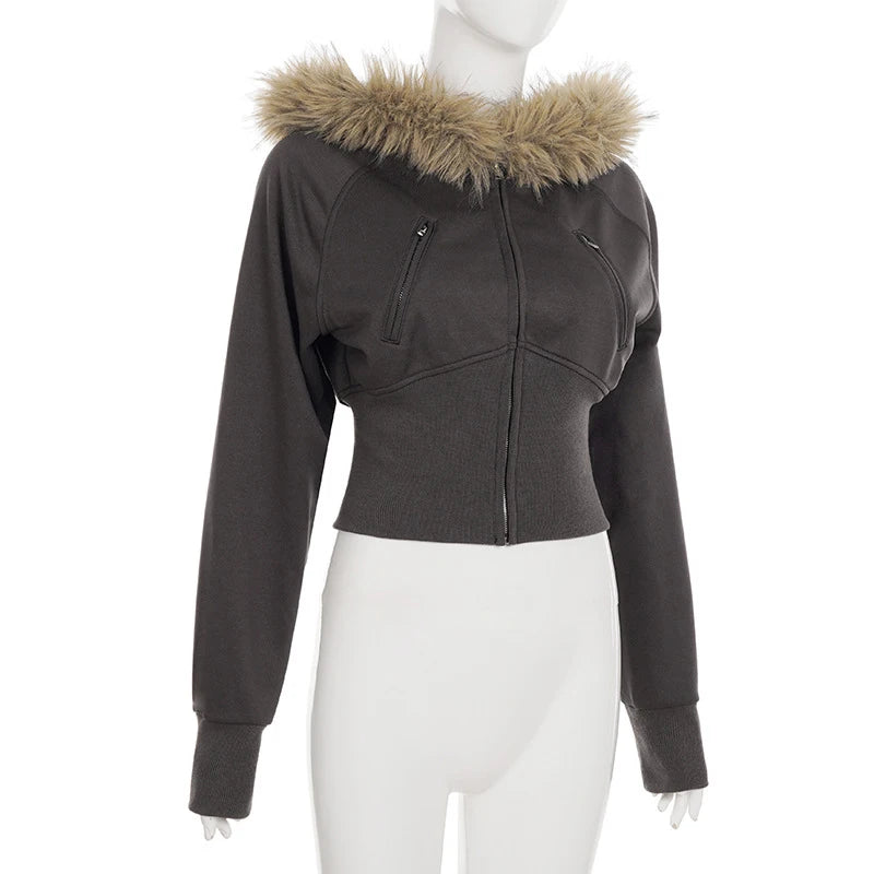 Fashion Solid Feather Hooded Short Jacket Women Zipper Pockets Full Sleeve Waist-closed Coat 2025 Autumn Lady New Street Outwear