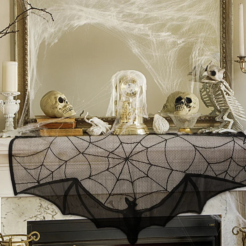 Hallowen Bat Spider Web Table Runner Door Curtain Lace Cobweb Fireplace Cover Lampshade Perfect for Gothic Halloween Decoration