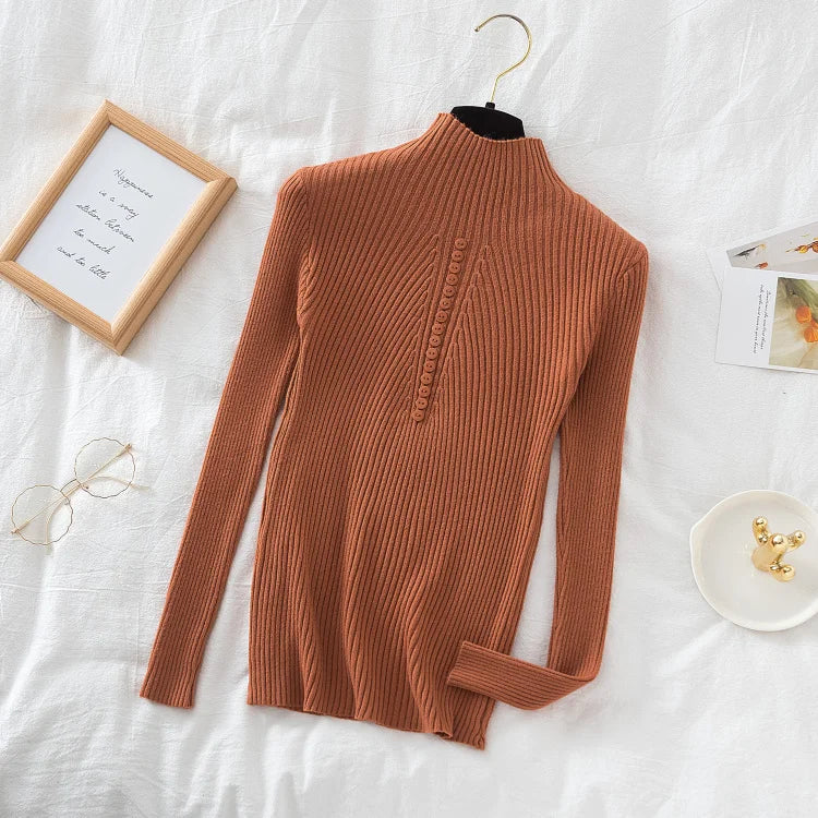Women Turtleneck Pullovers Autumn Winter Jumper Knitted Basic Top Fashion Solid Color with Button Long Sleeve Ladies Sweater