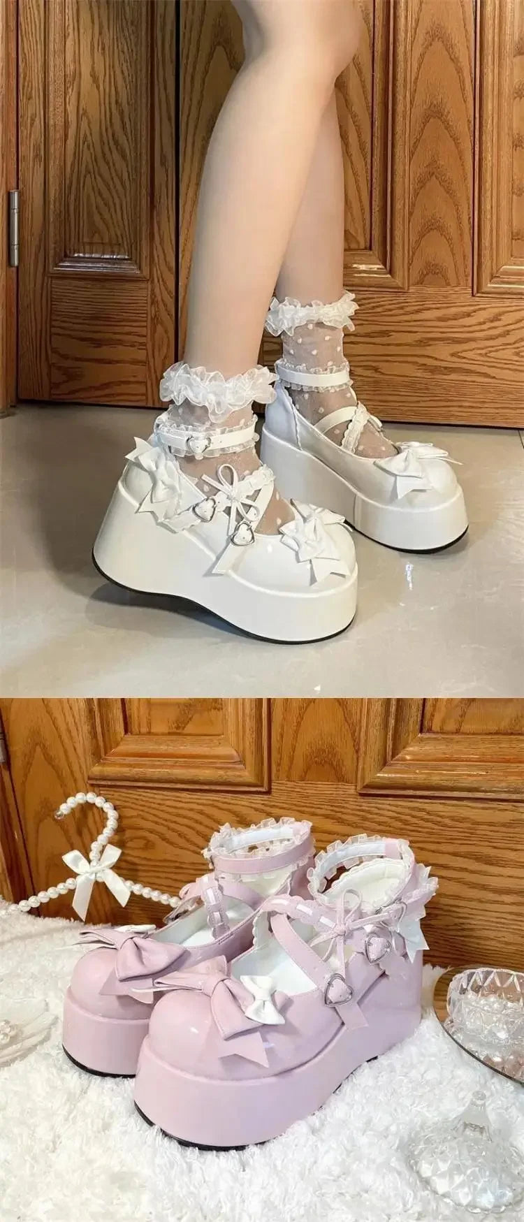 Lace Bowknot White Lolita Shoes for Women 2025 Heart Buckle Platform Mary Janes Woman Japanese Style Patent Leather Jk Shoes