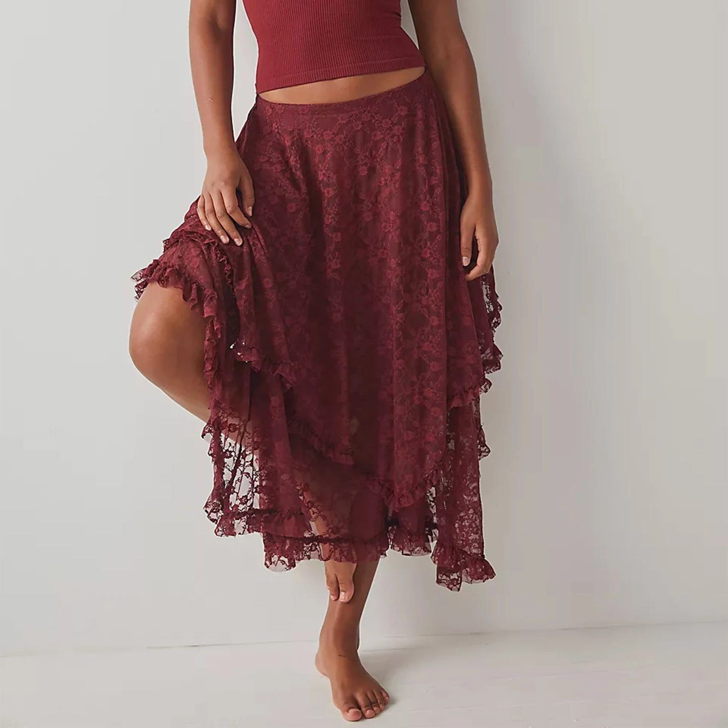 Vintage Lace Flower Women Midi Skirts Elastic High Waist Skirts Spring Summer Chic Irregular Hem Casual Female Skirts