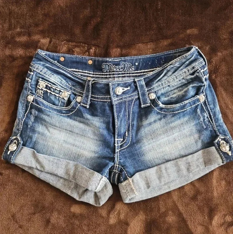 British and American Retro Jeans Washed Shorts Women's Y2K New Harajuku Flower Embroidery Gothic Sexy Spice Mini Denim Shorts