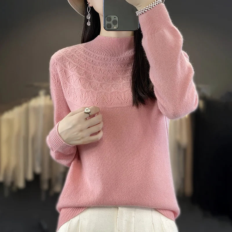 2024 New Line Of Garment Hollowed Out Half Height Women's High-grade Woolen Sweater 100% Pure Wool Multi-color Option WQ