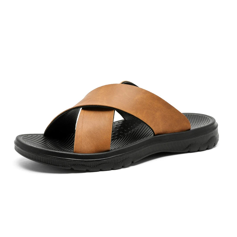 YRZL Men Casual Sandals Lightweight Comfortable PU Leather Summer Slippers Non Slip Outdoor Shoes for Beach Walking Flip Flops