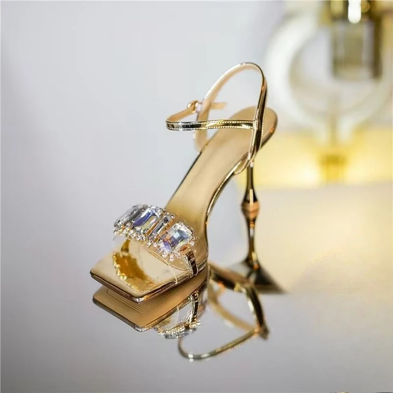 2025 New Slim Heel with Diamond Square Toe Sandals for Women in The Summer of New Fairy Style Open Toe Sexy High Heels