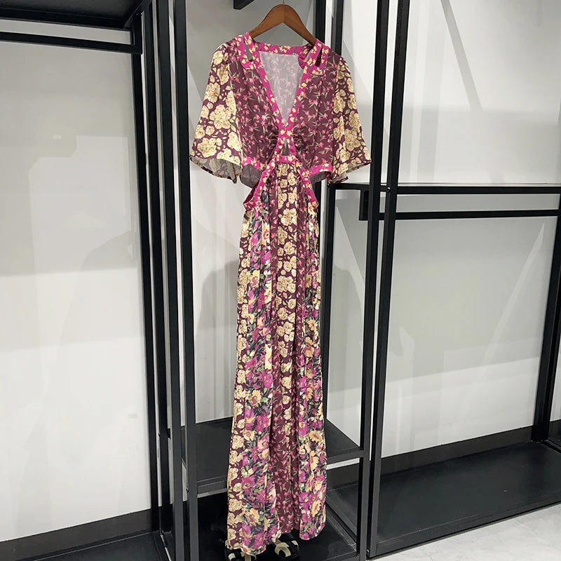 Waist Hollow out Women's Long Dress Deep V Short Sleeve 2025 Summer Lady Floral Printed Robe