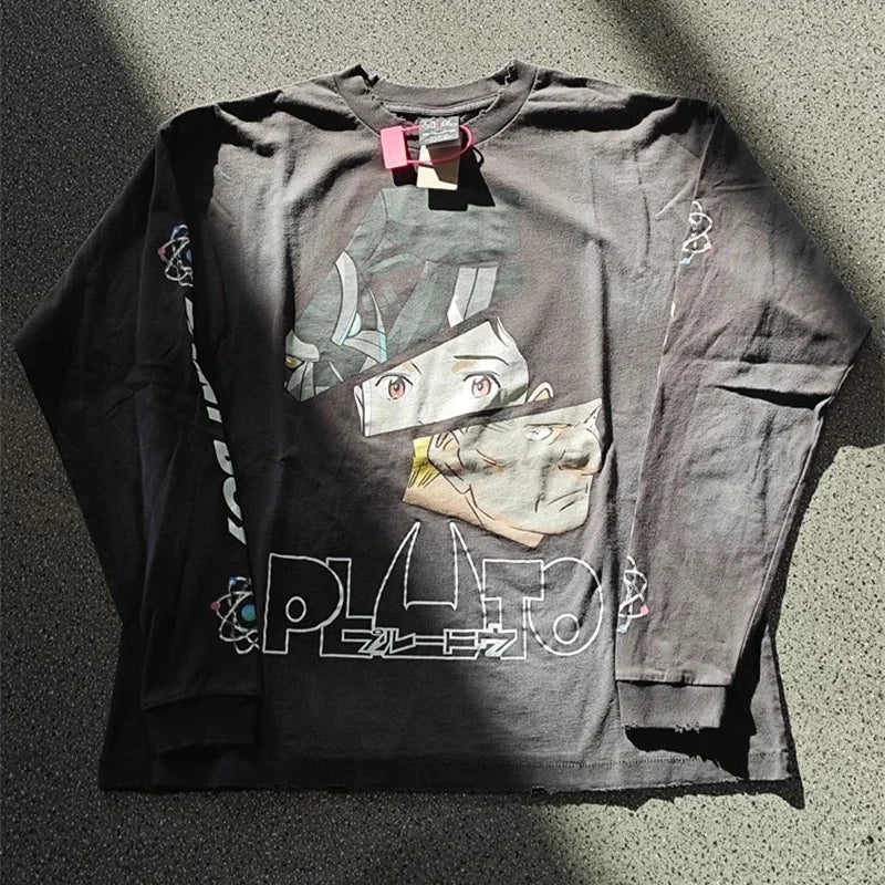 25SS Pure Cotton Saint Michael Long Sleeved T Shirts Men Women 1:1 Washed Black Manga Character Print Hoodies
