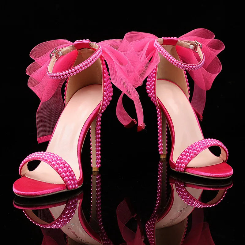Summer New brand Fashion Bowknot Beading Women Gladiator Sandals Luxury Pearls White thin High heels Wedding Bridal Party Shoes