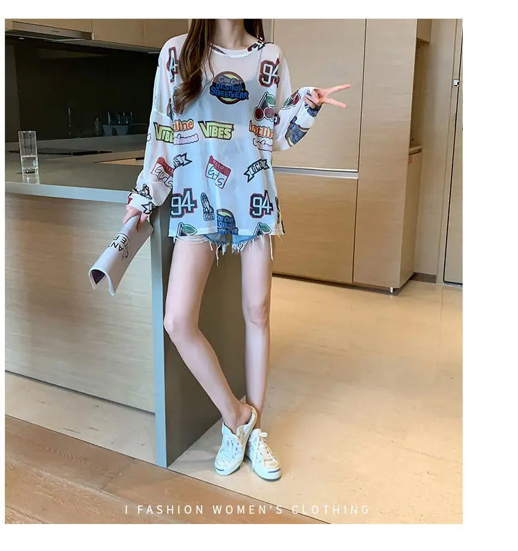 Women Letter Graphic Print Sexy Sheer Mesh Harajuku Y2K T Shirt Summer Trendy Long Sleeve Thin Tees Casual Streetwear Tops Ropa