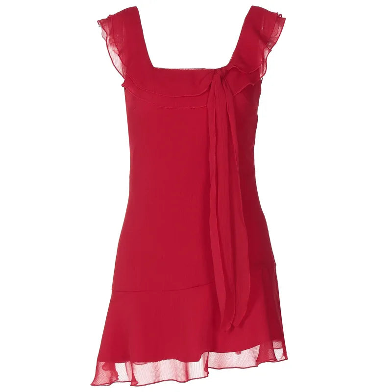 European and American style women's spring new fashion sexy French temperament sleeveless square collar ruffled chiffon dress
