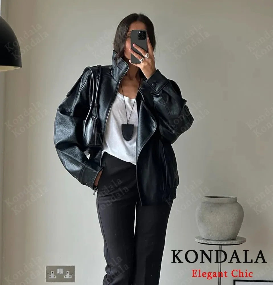 KONDALA Leather Zipper Jacket Women's Fall Winter Standing Collar Faux PU Jacket Coat 2025 Fashion High Street Ladies Y2K Jacket