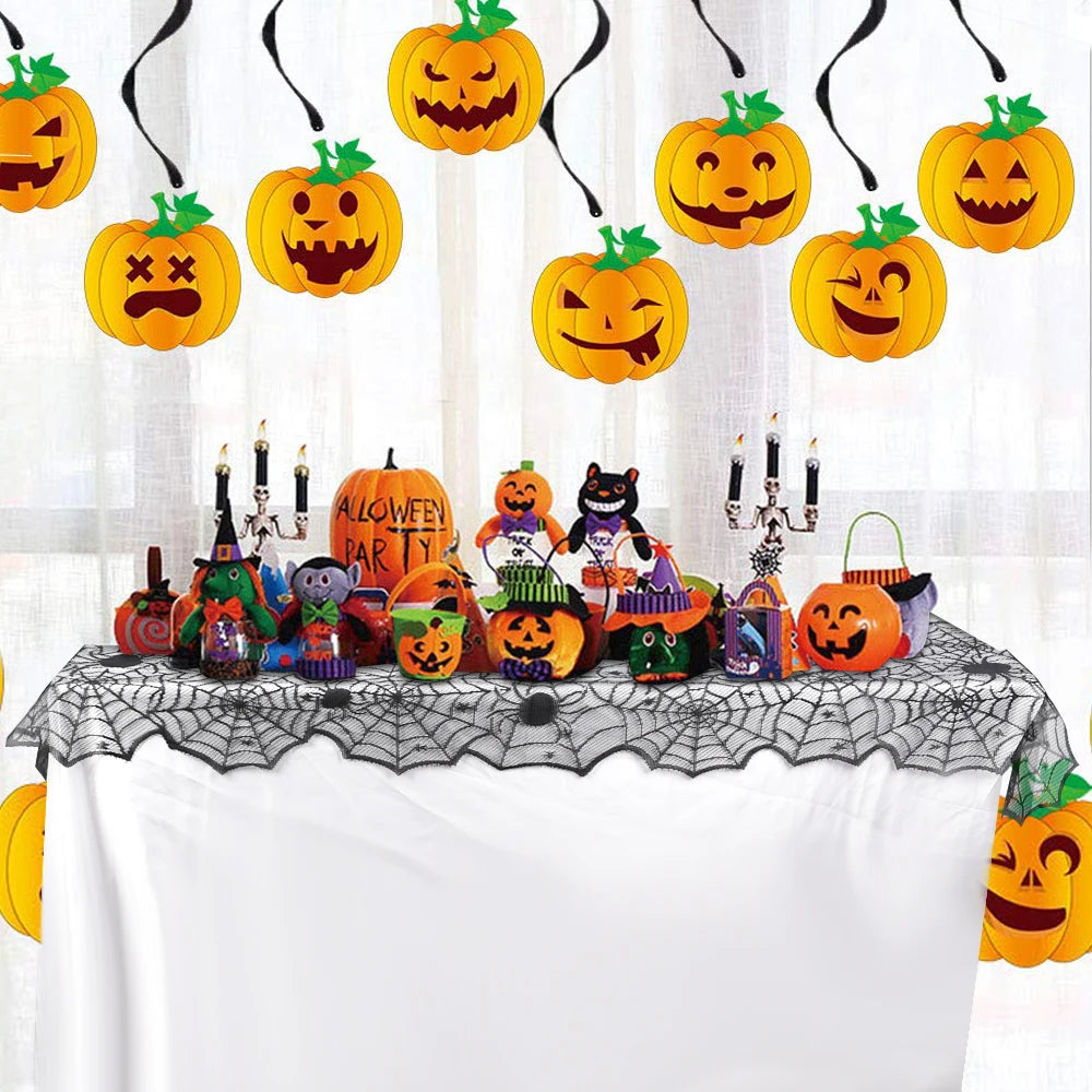 Hallowen Bat Spider Web Table Runner Door Curtain Lace Cobweb Fireplace Cover Lampshade Perfect for Gothic Halloween Decoration