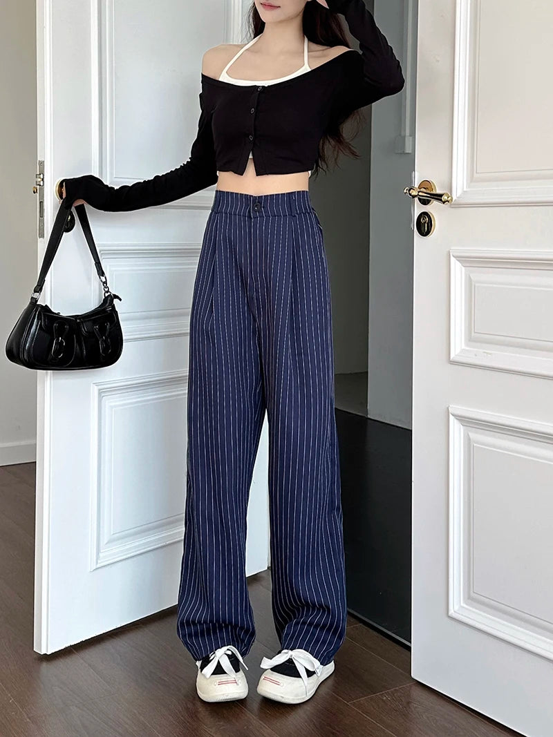 Slimming High Waist Trousers Women's Loose Striped Wide Leg Pants Korean Sle Commute Faion plus Size Long Trousers