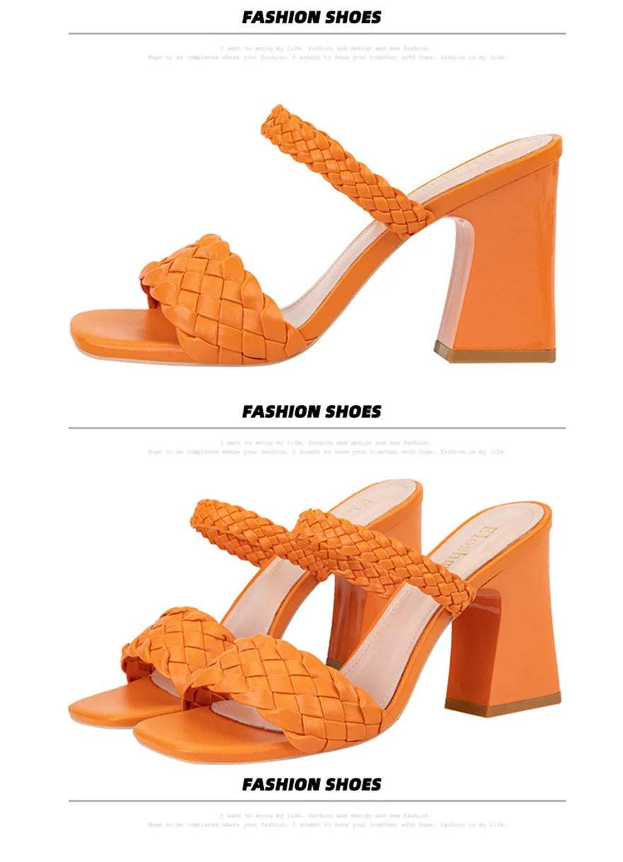 Fashion Weave Thick Heel Women's Slippers Square Toe Summer Casual Ladies Slides Red Orange Shoes Slip On Beach Sexy Pumps Woman