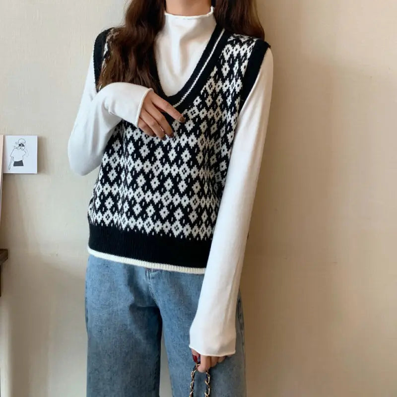 Women Sweater Vest Spring Autumn Fashion Female Casual Loose V-neck Knitted Waistcoat Sleeveless Sweater Pullover Tops Knit Vest