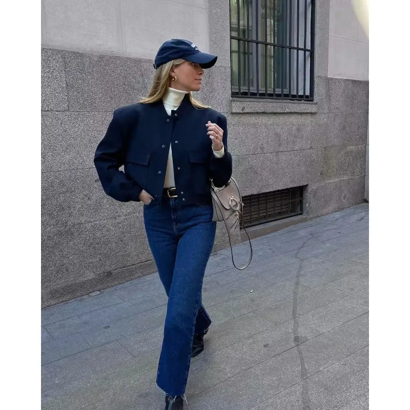 MUJER 2025 Woman Bomber Jacket White Autumn Winter Button Cropped Jackets for Women Fashion Long Sleeve Women Coats Outerwears
