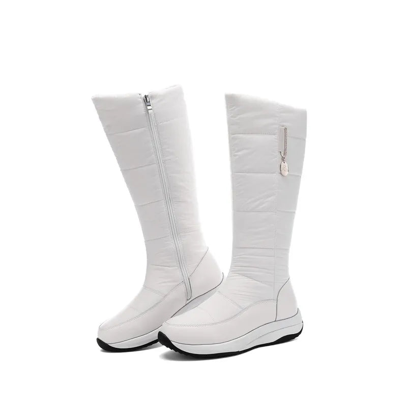 2025 Women Snow Boots Waterproof Down Plush Genuine Leather Red White Casual Travel Ladies Flat Heels Platform Knee High Boots