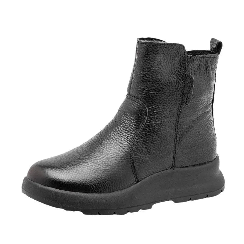 GKTINOO 2025 Winter New Genuine Leather Side Zipper Flat Bottom Women's Short Boots Soft Sole Plush Warm Cotton Shoes
