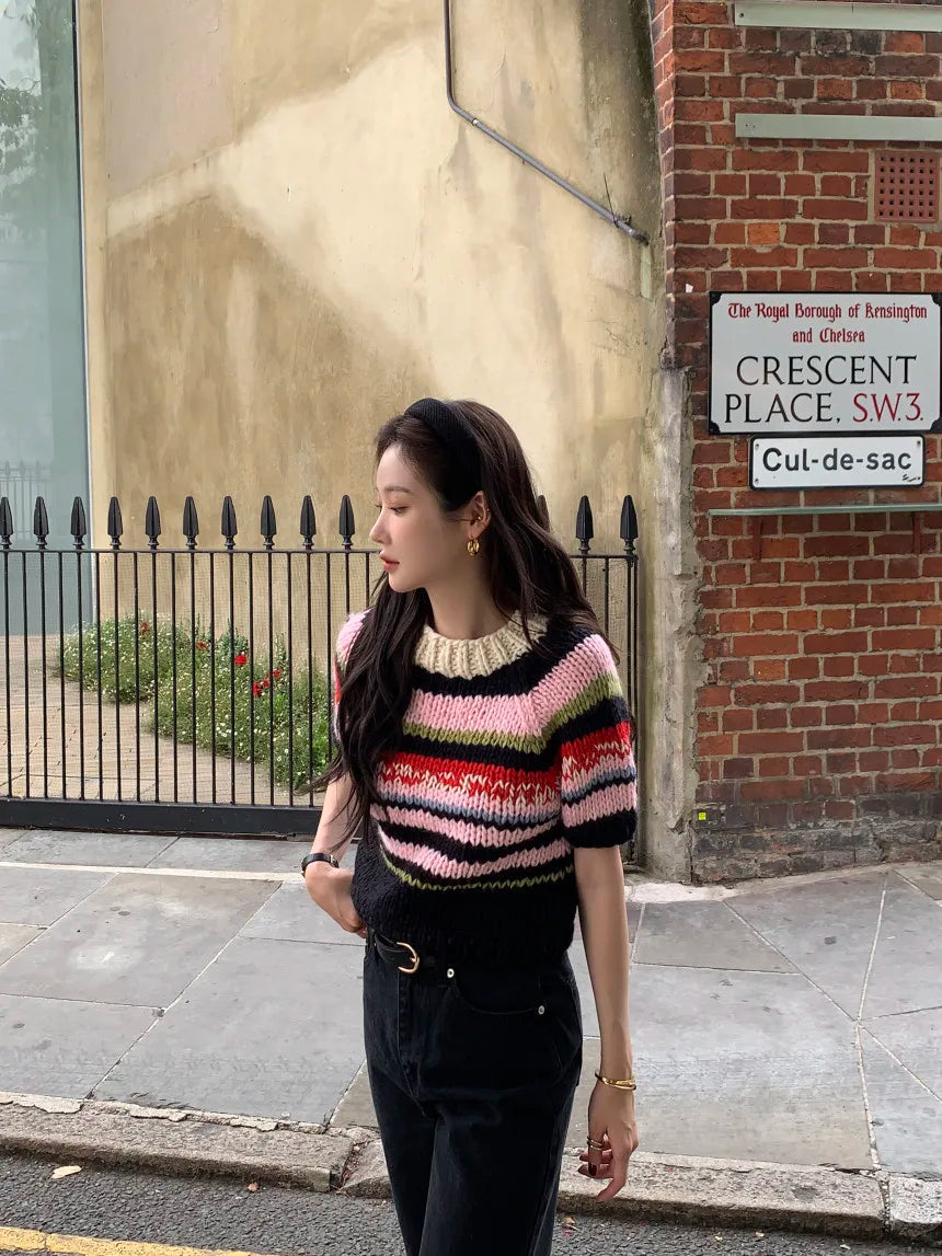 Chic Vintage Heavyweight Knitted Loose ort Sve Striped Sweater for Women Summer Collection oulder Sve