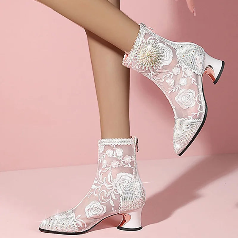 Luxury Crystal Pointed Toe Fashion Boots Women Thick Heel Zipper Ladies Party Shoes Black White Lace Mesh Sexy Female Ankle Boot