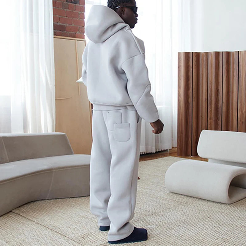 Casual Solid Hooded Pullover Straight Pants 2 Piece Set Tracksuit For Male Fashion Loose Hoodies Sweatshirt Wide Leg Sweatpants