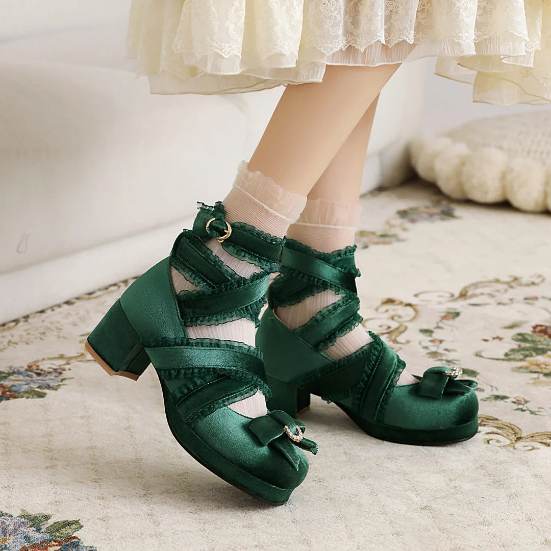 JK Fairy Lolita Shoes Flock Gold Velvet Bow Platform Mary Jane Cross Strap Pumps Gladiator Cosplay Party Red Green Black