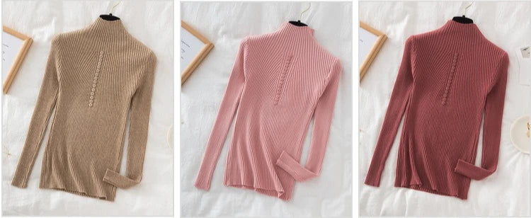 Women Turtleneck Pullovers Autumn Winter Jumper Knitted Basic Top Fashion Solid Color with Button Long Sleeve Ladies Sweater
