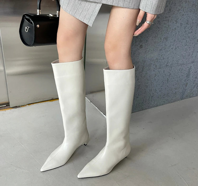 2025 Luxury Knee High Boots Women Wine Red Pointed Toe Kitten Heel Long Boots Wide Tube Bottes Santiags Femme Elegant Shoes