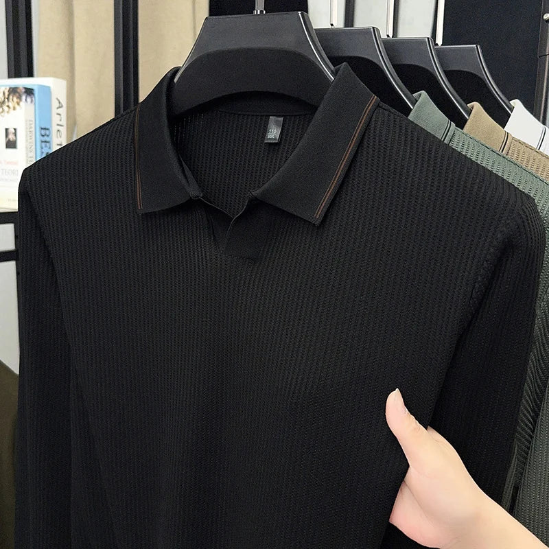 Spring and Autumn men's long sleeved T-shirt, polo shirt, casual trend, casual solid color, V-neck elastic, no heat T-shirt