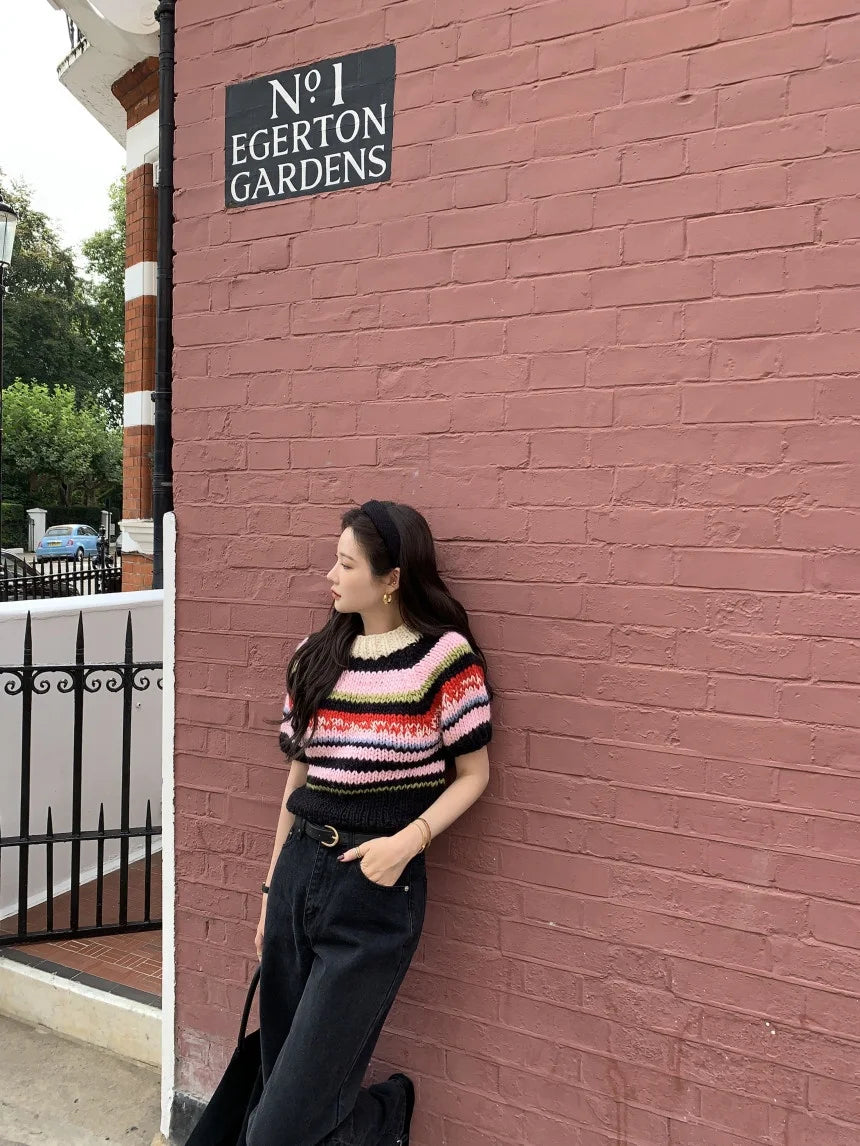 Chic Vintage Heavyweight Knitted Loose ort Sve Striped Sweater for Women Summer Collection oulder Sve