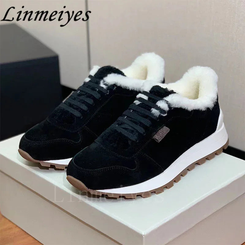 Casual Fur Sneakers Women Outdoors Run Shoes Round Toe Lace Up String Bead Flat Shoes Female Winter Wool Warm Sports Shoes Woman