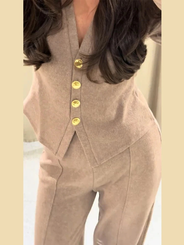 Casual Knitted Pant Suit Women Solid V-neck Full Sleeve Button Jacket Wide Trouser 2025 Autumn Fashion 2 Pieces Set Lady Outfits