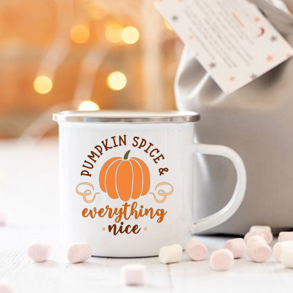Pumpkin Spice and Everything Nice Enamel Mug Halloween Camping Mug Autumn Home Decor Fall Coffee Mug Festive Gifts for Kids