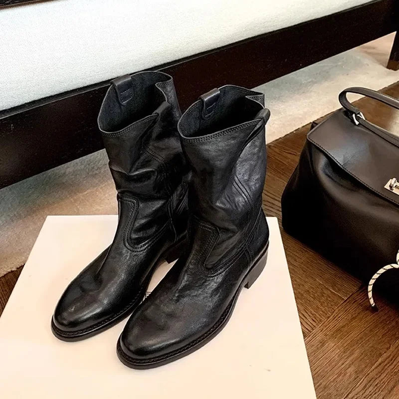 New Fashion Boots for Women Spring/Autumn Square Heel Female Mid-Calf Boots Ladies Slip-On Pointed Toe WESTERN Boots Women