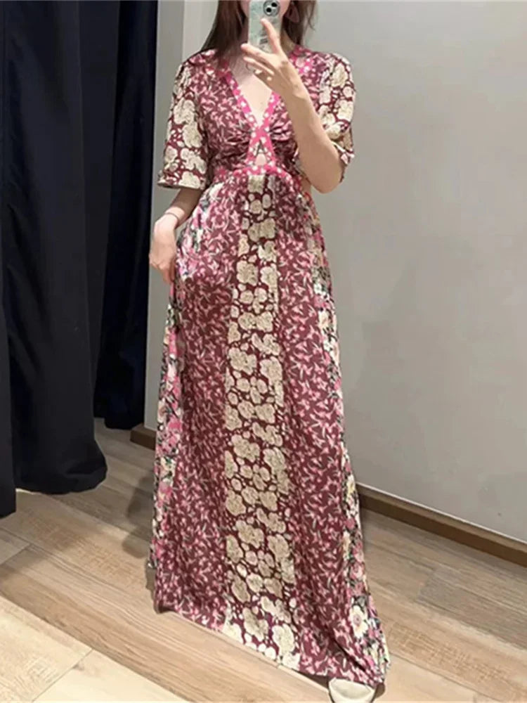 Waist Hollow out Women's Long Dress Deep V Short Sleeve 2025 Summer Lady Floral Printed Robe