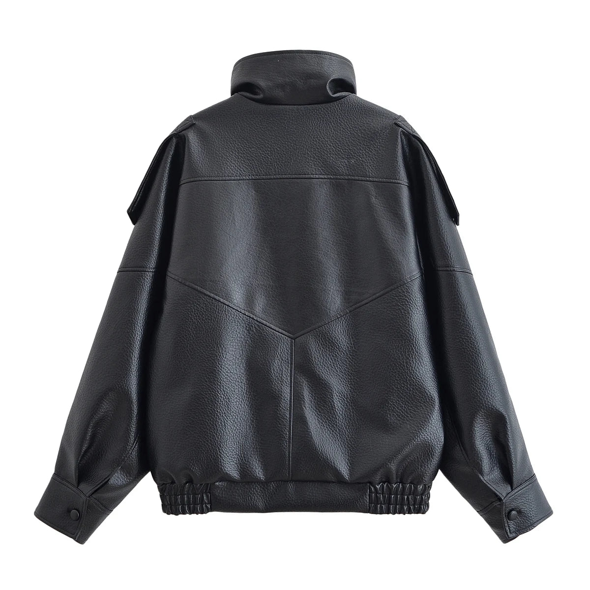HH 2025 Autumn Women Pu Leather Jacket Vintage Solid Loose Long Sleeve Zipper Turtleneck Coat Casual Office Lady Outerwear