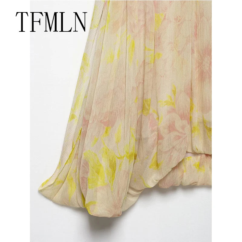 TFMLN Summer Luxury High-End Women Shirt 2025 New Puff Sleeve Chiffon Blouse Back Button Fashionable Feel Beach StylePrint Tops