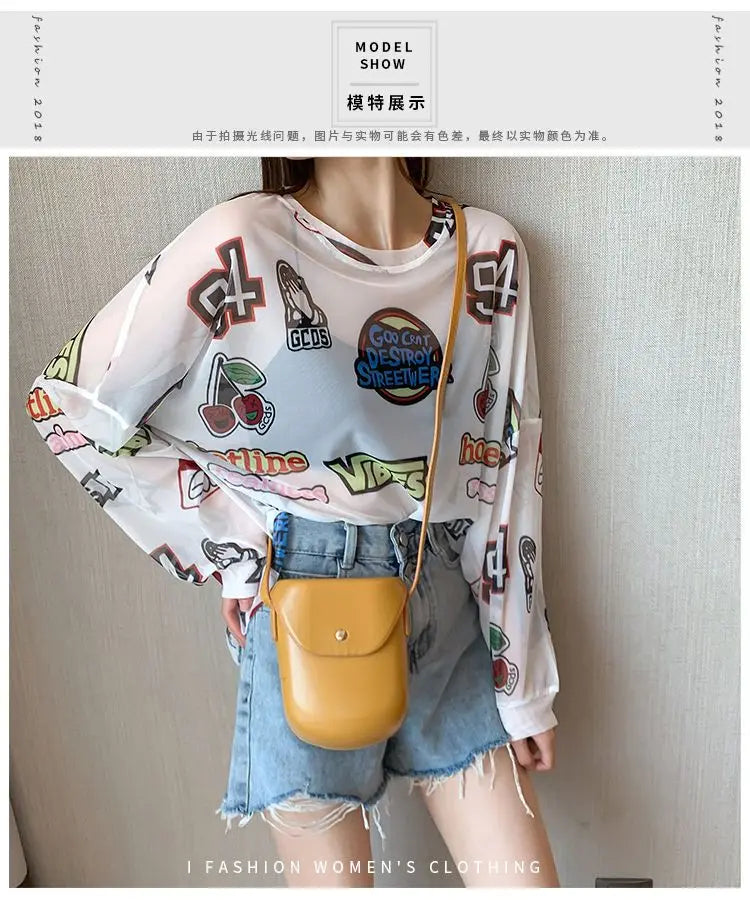 Women Letter Graphic Print Sexy Sheer Mesh Harajuku Y2K T Shirt Summer Trendy Long Sleeve Thin Tees Casual Streetwear Tops Ropa