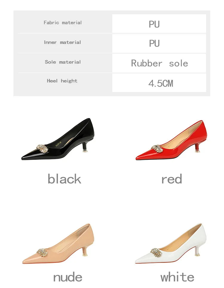 BIGTREE Shoes 4.5 cm Rhinestone metal decoration Kitten high heels patent leather Women Pumps stilettos Lady Shoes Plus Size 43