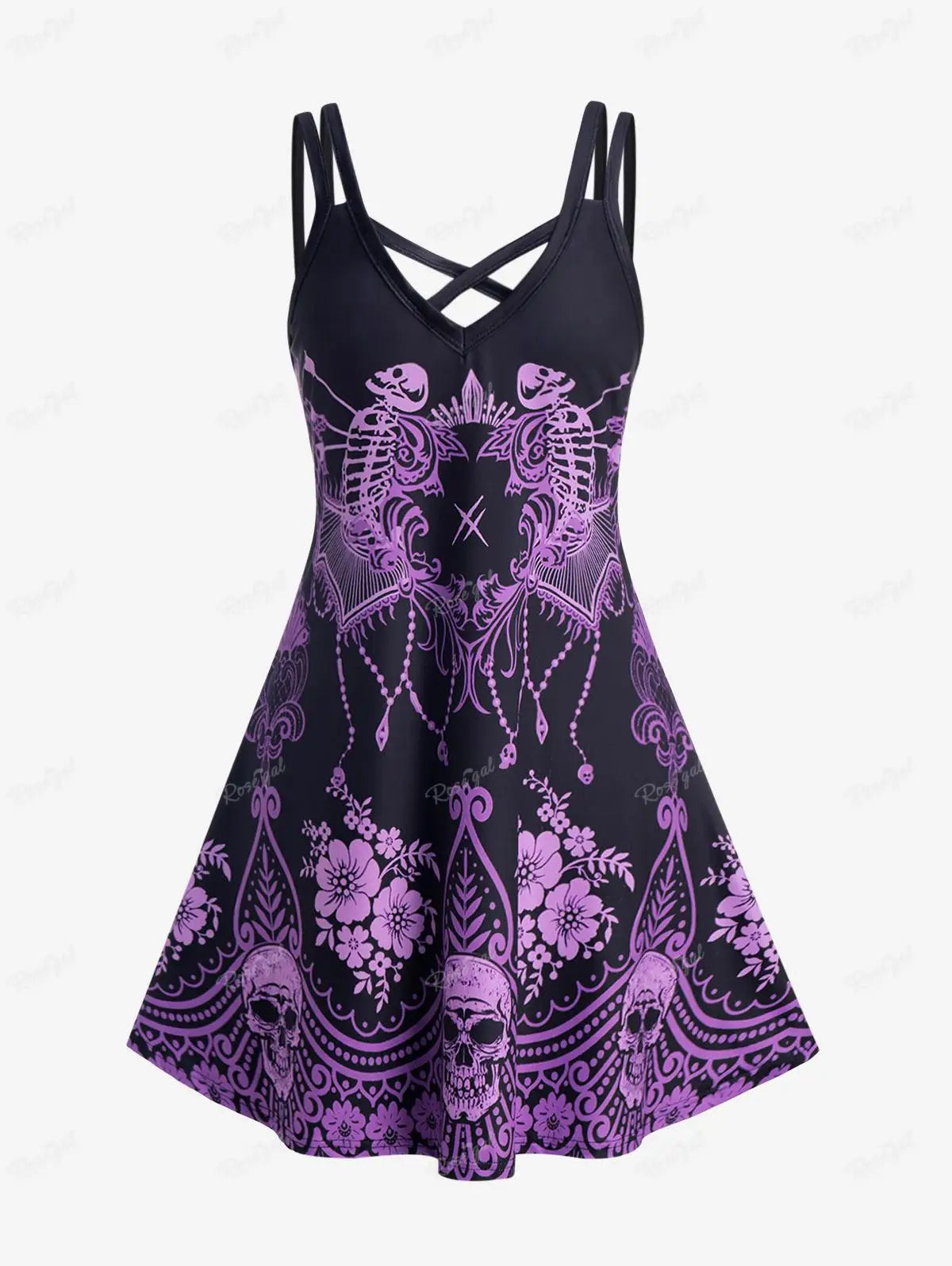 ROSEGAL Halloween 3D Printed Dresses Plus Size Crisscross Skull Print Dress Summer Casual Sleeveless Vestidos 5XL