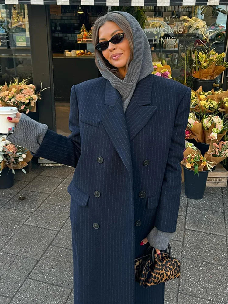 Casual Stripe Long Coat Women's Stylish V-neck Double-breasted Blazer With Shoulder Pad 2025 New Autumn Winter Ladies Outwear
