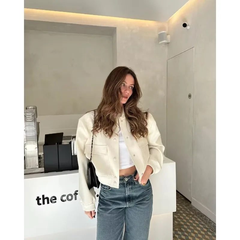 MUJER 2025 Woman Bomber Jacket White Autumn Winter Button Cropped Jackets for Women Fashion Long Sleeve Women Coats Outerwears