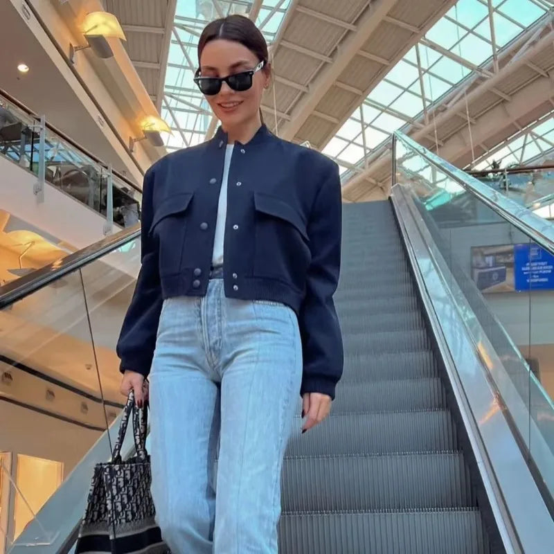 MUJER 2025 Woman Bomber Jacket White Autumn Winter Button Cropped Jackets for Women Fashion Long Sleeve Women Coats Outerwears