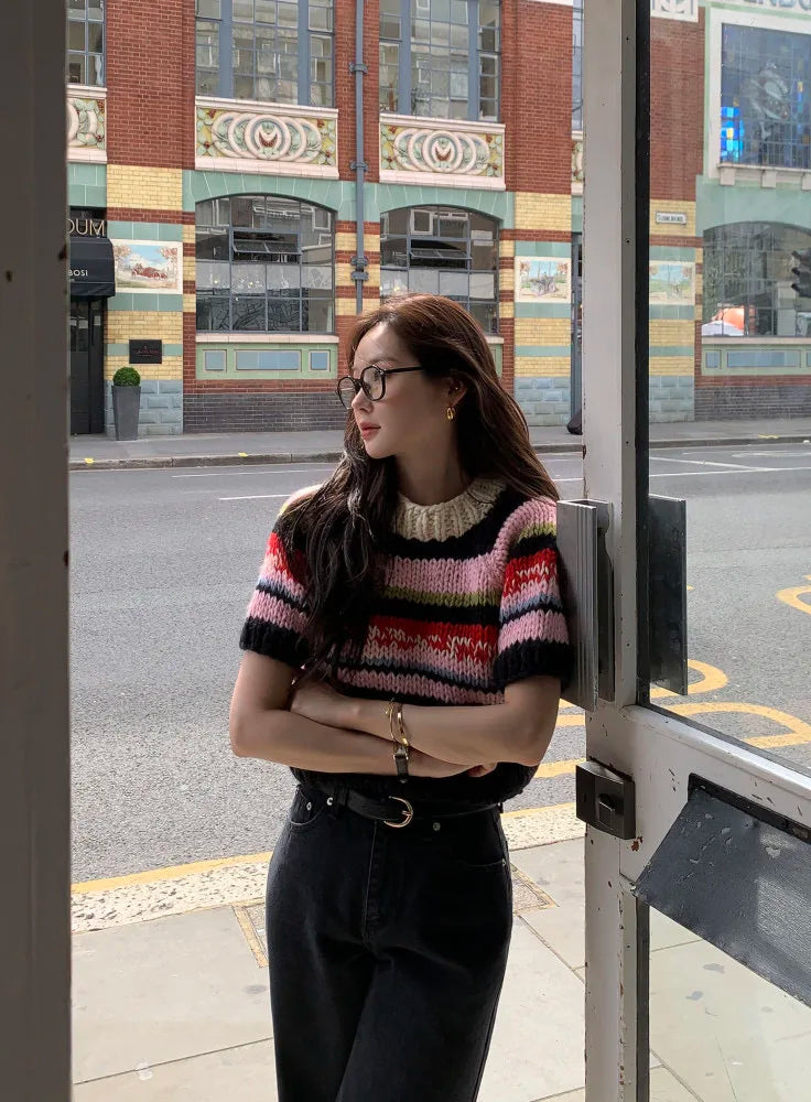 Chic Vintage Heavyweight Knitted Loose ort Sve Striped Sweater for Women Summer Collection oulder Sve