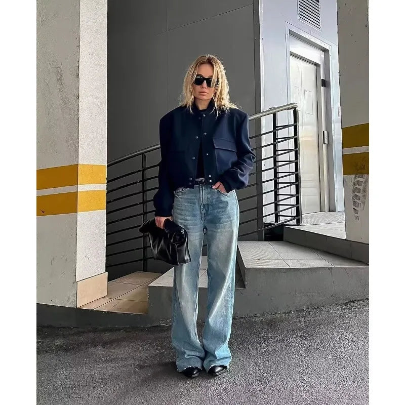 MUJER 2025 Woman Bomber Jacket White Autumn Winter Button Cropped Jackets for Women Fashion Long Sleeve Women Coats Outerwears