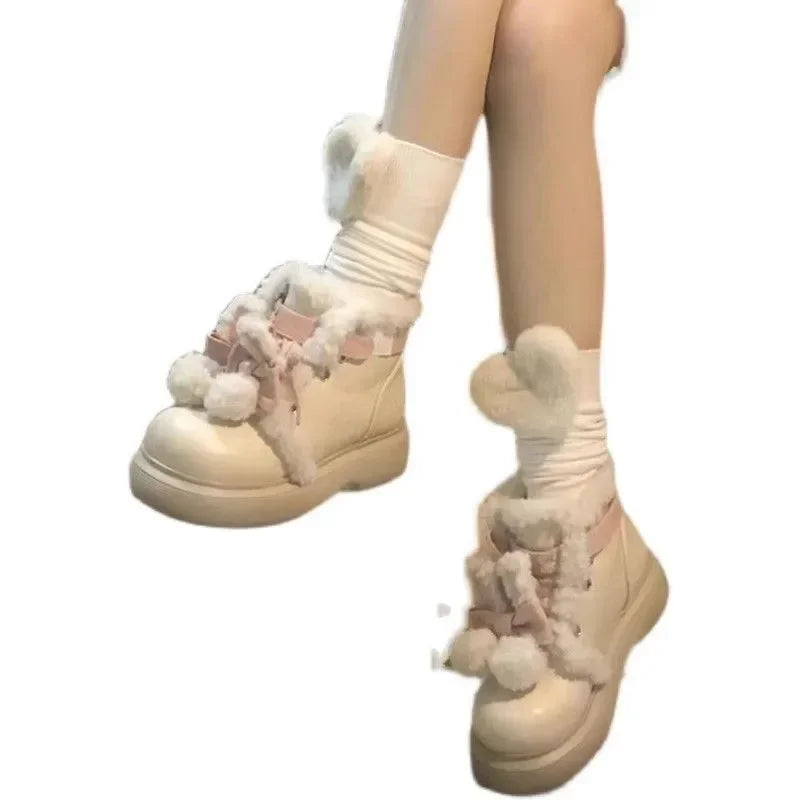 Cute Girls Beige Warming Fur Cross Tied Lace Up Ankle Boots Women Fashion Round Toe Flat Winter Snow Boots Shoes Lady
