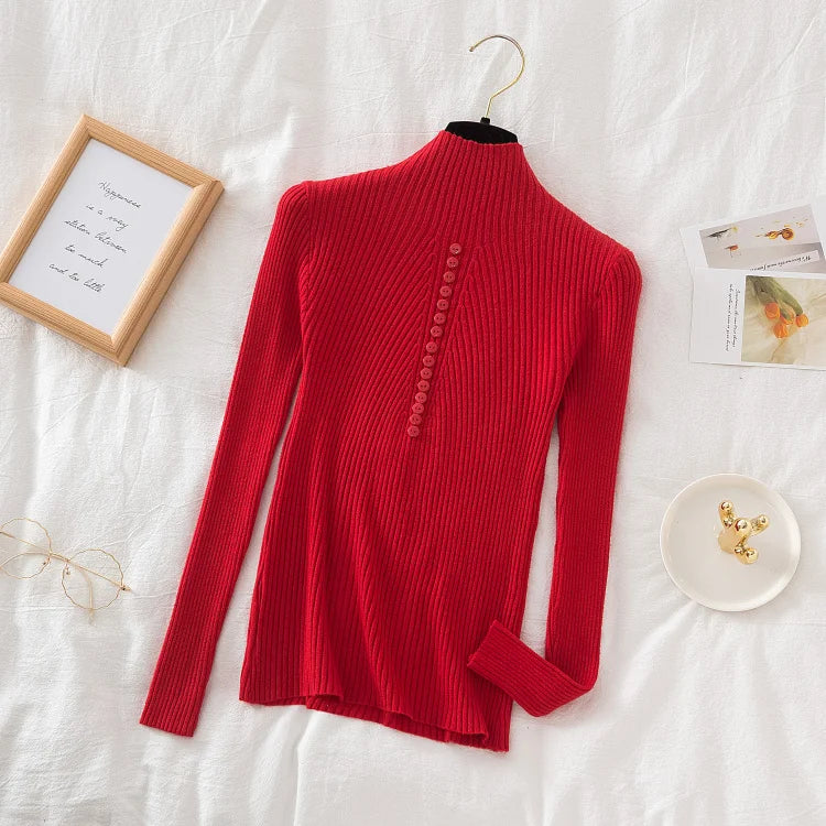 Women Turtleneck Pullovers Autumn Winter Jumper Knitted Basic Top Fashion Solid Color with Button Long Sleeve Ladies Sweater