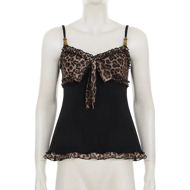 American Hotsweet Y2k Leopard Camisole Women Retro Streetwear E-girl 90s Dark Gothic Sexy Patchwork Lace-up Crop Tank Top Femme