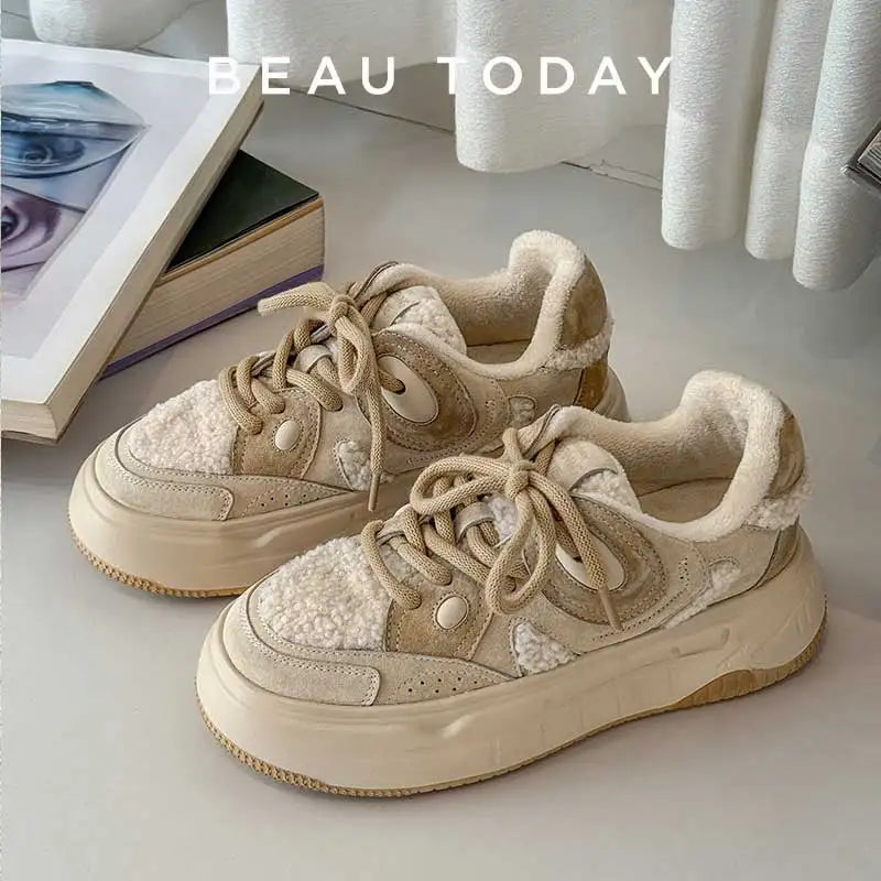 BEAUTODAY Furry Sneakers Women Suede Leather Mixed Colors Non-Slip Lace-up Warm Casual Winter Ladies Shoes Handmad MS1C003