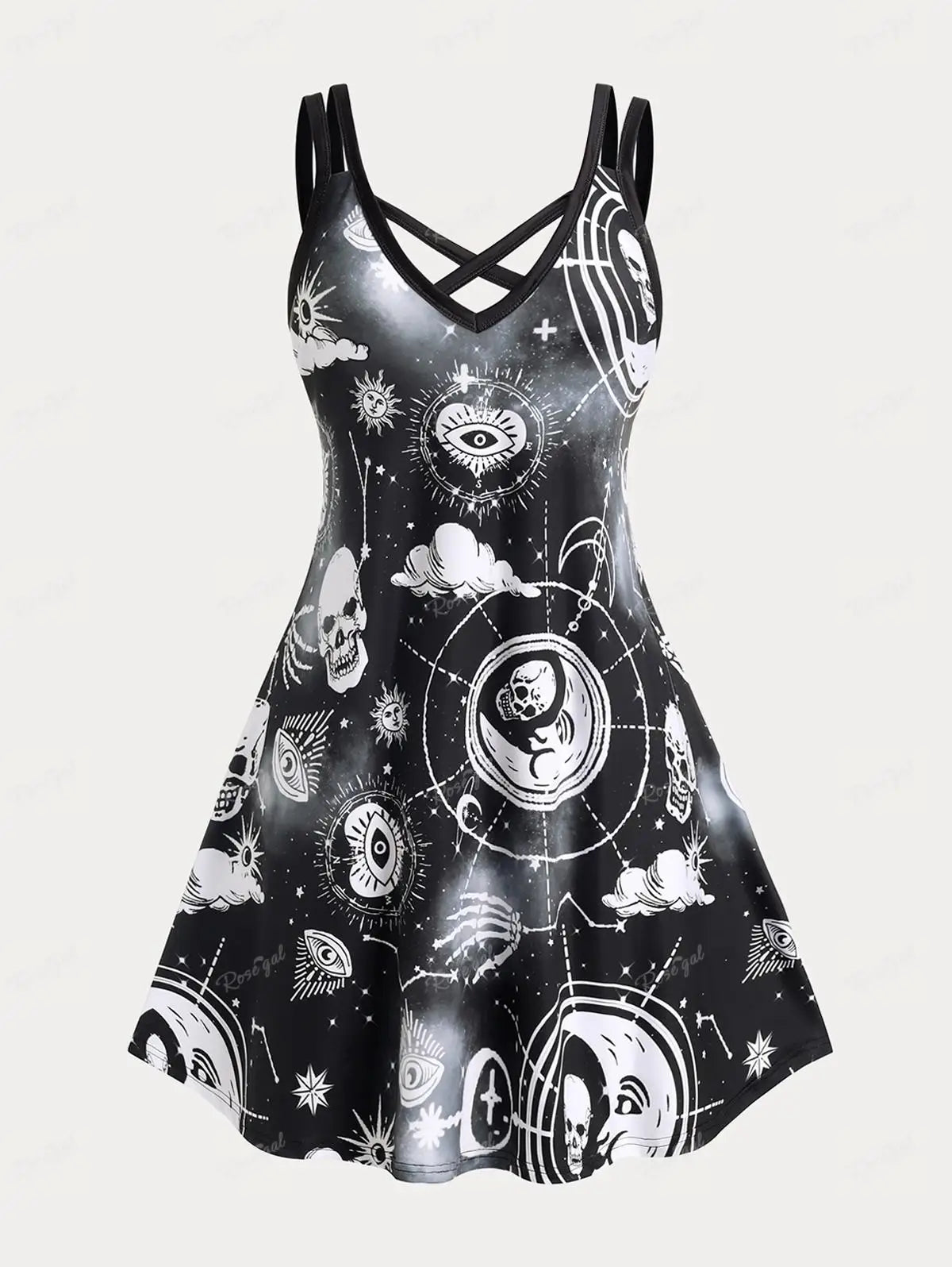 ROSEGAL Halloween 3D Printed Dresses Plus Size Crisscross Skull Print Dress Summer Casual Sleeveless Vestidos 5XL